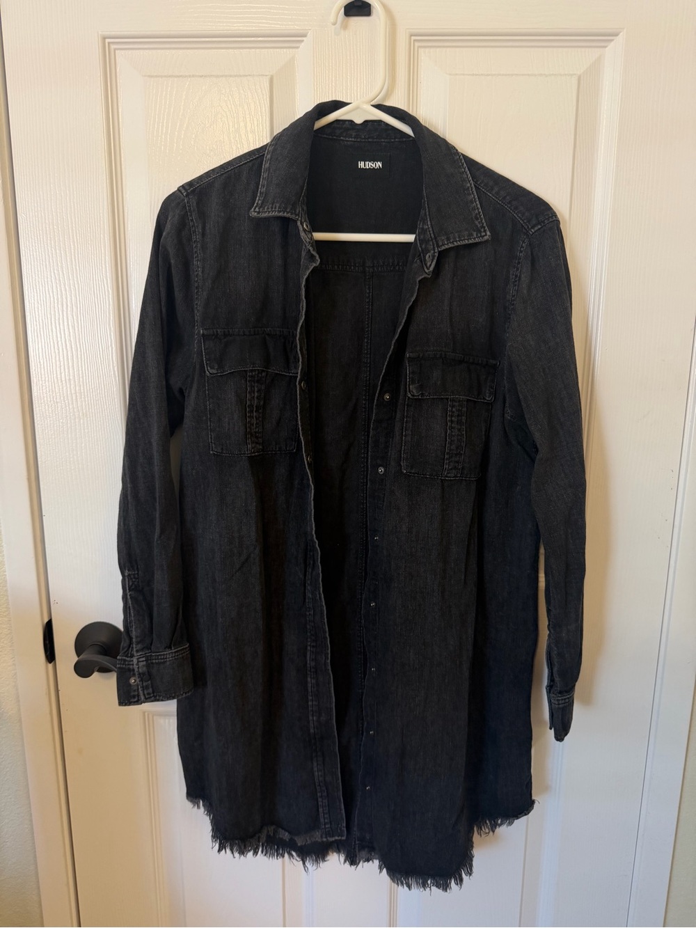 Hudson Jeans Faded Black Longline Jean Jacket with Frayed Hem